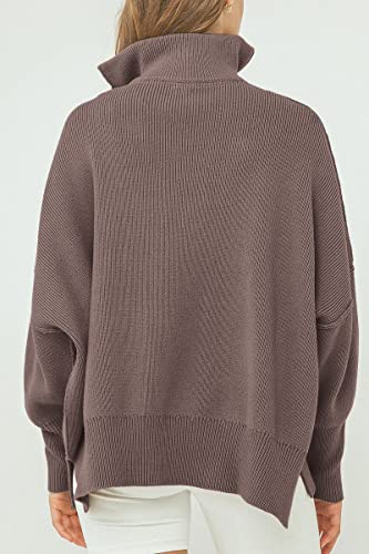 Lillusory Women's Oversized Holiday Pullover Long Sleeve 1/4 Zipper Collar Split Hem Slouchy Brown Sweatshirt Warm Sweater #TOP5