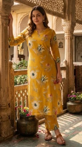 Image of CREATION & YOU Women's Pure Cotton Floral Printed Kurta with Palazzo Pants | Ethnic Set | Kurti Set for Women | Cotton Cord Set for Women