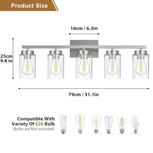 Image of IZORRO Bathroom Light Fixtures, Modern Vanity Lights, Bathroom Lighting Fixtures Over Mirror with Clear Glass Shade, Wall Sconce for Living Room Cabinet Bedroom (Brushed Nickel, 5-Light)