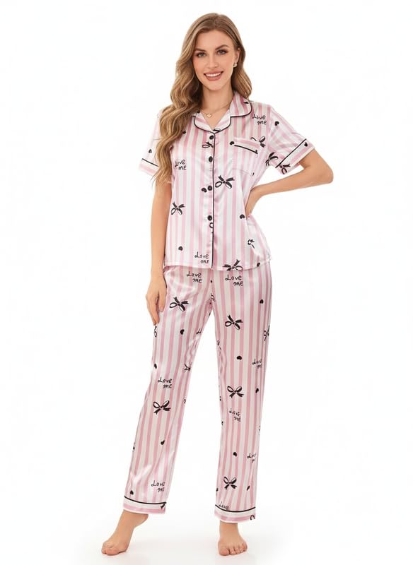PABROS Night Suit for Women with Full Sleeve Button-Down Top with Pant Dress for Woman, Cotton Night Dress for Woman, Two-Piece Loungewear Set