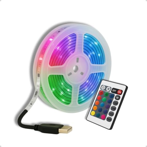 Fita LED RGB com Controle Remoto, Iluminação Ambiente Multicolorida, USB, Adesivo Forte, Milhares de Cores e Modos de Luz para Decoração (2M)
