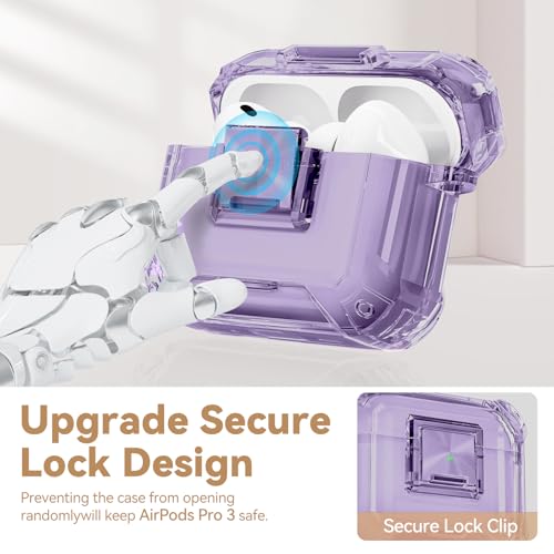 Image of for AirPods Pro 3 Case with Safety Lock,Clear Case Soft TPU Shock-Proof Protective Cover with Cute Bling Keychain and Cleaner kit for Women Girls-Clear Purple