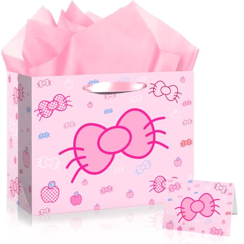Cut-Nic 12 Pink Bow Gift Bag for Girl Cartoon Birthday Gift Bag with Cute Greeting Card and Tissue Paper for Birthday Wedding Bridal Shower Baby Shower Party Supplies