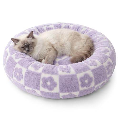 Image of Lesure Shown on TV Donut Cat Bed for Indoor Cats - Small Round Dog Bed for Calming Pet as Gift with Washable Cover, Cute Puppy Bed with Jacquard Shaggy Plush & Anti Slip Bottom, 20 Inch, Flower Checks