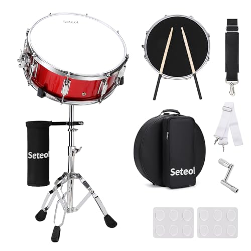 Seteol - Seteol Snare Drum Set, 14" x 5.5" Marching Snare Drum with Stand & Storage Padded Bag + Silent Mute Pad + Drums Sticks + Drumstick Holder + Drums Key + Damper Gels for All Ages (Red) - -7%