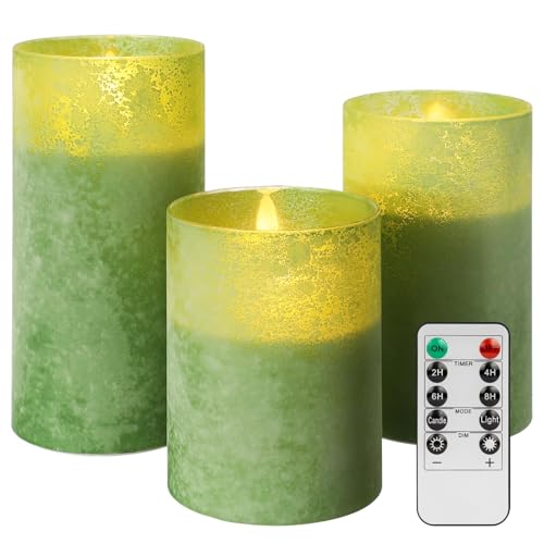 ANGELLOONG Bougies LED en verre vacillantes, sans flamme, fonctionnant à piles avec télécommande, minuterie électrique pour la maison, les vacances, vert sablé