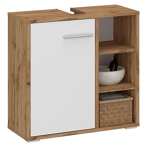 IDIMEX Meuble sous lavabo Nistos Rangement de Salle de Bain avec 1 Porte et 3 étagères Couleur chêne wotan et Blanc