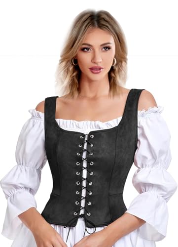 GOLDSTITCH Corsé pirata para mujer, chaleco medieval renacentista, steampunk, disfraz victoriano, corpiño para mujer, Negro, Large