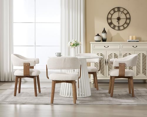 Beige Upholstered Dining Chairs Set of 4, Mid Century Modern Dining Room Chairs with Wooden Legs and Armrest, Chenille Fabric Barrel Kitchen Chairs for Kitchen/Living Room