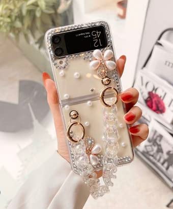 Shinyzone Sparkle Case For Samsung Galaxy Z Flip4 2022 With Chain,Women Girls Cute Bling Glitter Case Flower Pearl Diamond Crystal Rhinestone 3D Handmade With Bracelet Wristband Strap Keychain #TOP1