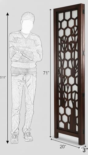 Image of Home & Goods International Wooden Room Divider Partition - Foldable Wood Screen Separator for Living Room, Bedroom, Office, Restaurant || Kangra Badrun Design, White (3 Panel with Stand)
