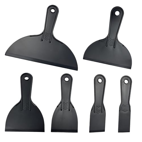 QQdou Plastic Scraper, 6 Pack Flexible Paint Putty Scrapers Tools Set, Filler Tool Non Scratch, for Spackling, Patching, Decals, Baking, Wallpaper, Remover Sticker, Car Painting Scrapers (Black)