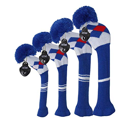 Scott Edward Blue Red White Argyles Golf Club Head Covers,Rotatable Number Tags, Acrylic Yarn Double-Layers Knitted, Set of 4
