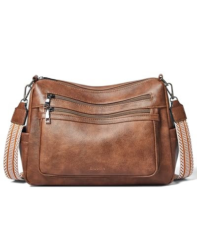Bluome CrossBody Bag Purses for Women, Vegan Leather ladies Handbags Multi Pocket Soft Shoulder Hobo Bag with Guitar Strap,Brown