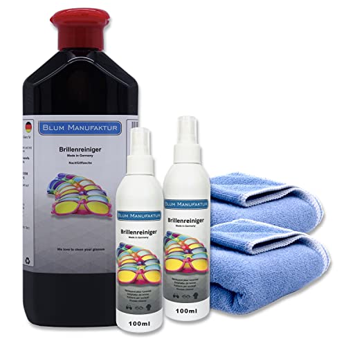 Blum Manufaktur - 2 limpiadores de gafas de 100 ml + 500 ml limpiador de gafas de recambio + 2 paños de microfibra de 30 x 30 cm Cover