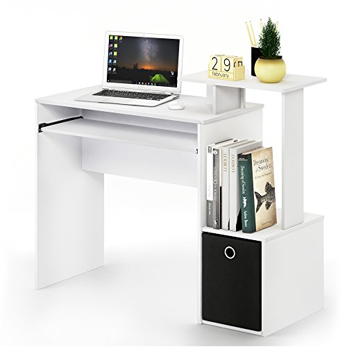 Image of Furinno ECON Desk, Gaming Desk with Keyboard Tray, Computer Desk, Office Desk with Side Shelves and Storage Bin for Home Office, Plain White