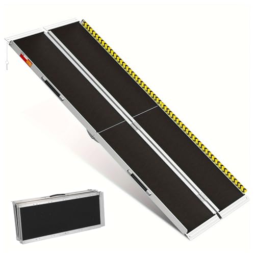 Rampa para silla de ruedas, rampa de carga plegable de aluminio de 7 pies con placa de transición y calcomanías reflectantes, antideslizante, capacidad de 280 kg para sillas de ruedas, scooters