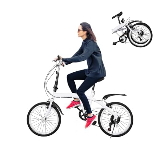 KigerNee Bicicleta plegable 20 pulgadas, color blanco, 6 marchas, asiento y manillar ajustables, plegado rápido, 90 kg