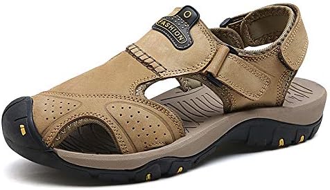 LINQIEN(リンキエン) メンズ サンダル 夏の本革牛革メンズサンダル滑り止め屋外男性カジュアルシューズ通気性ハイキングサンダル