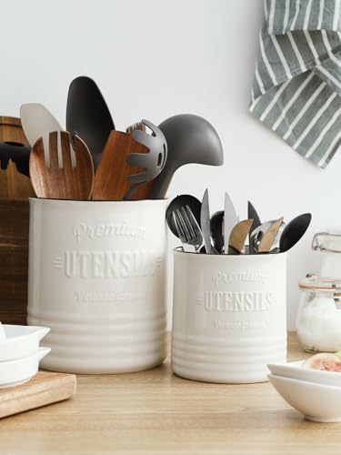 DOWAN Utensilienhalter Küche, 18,0 x 15,8cm Groß Küchenutensilienhalter, Retro-Stil Keramikdose, Utensilientöpfe, Aufbewahrung, Utensilien-Organizer, Eiskübel, Vasen, Homedekoration-Weiß