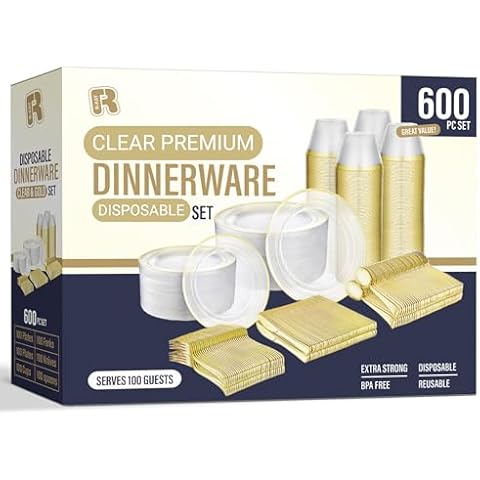 R-kay 600pcs Clear And Gold Plastic Plates Dinnerware Set 100 Guest, Incl. Clear Plates With Gold Trim, Cups, Cutlery -Heavy Duty Clear Gold Plastic Plates -Premium Clear Plastic Plates With Gold Trim Cover