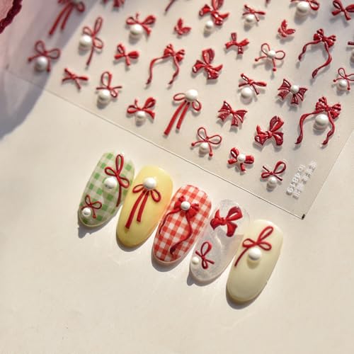 Image of Bow Nail Art Stickers 5D Embossed Nail Decals Self Adhesive Red Nail Sticker for Nail Art Pearl Design for Women Girls Supplies Nail Art Decorations Accessories