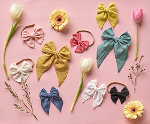 Little Poppy Co. Bows Handmade Claire Bow - Solid Embroidered Stripe, Premium Stylish Accessories for Girls & Babies (Mustard, Original Nylon)4