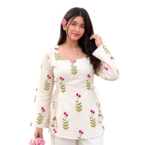 Image of Women's Rayon Printed Short Kurti with Square Neck & Long Flared Sleeves - Stylish Ethnic Casual Wear with Tie Detailing