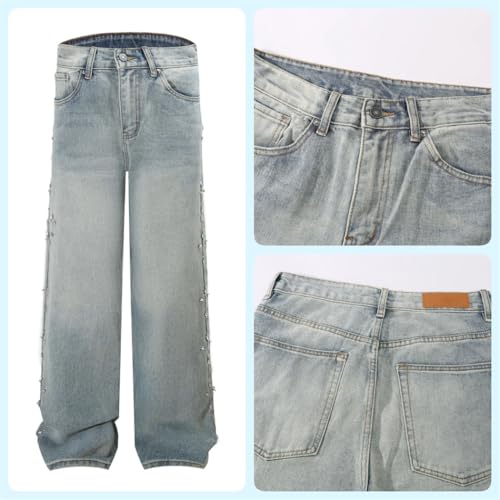 Men’s Niche Trendy Light Blue Loose Washed Jeans, Casual Heat-Melting Rhinestone Design Denim Pants3