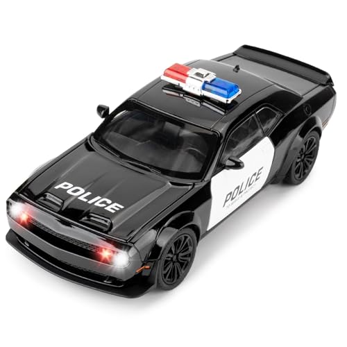 Image of WORSHIPER 1:24 Dodge Challenger SRT Hellcat Police Toy Diecast Collectible Toy with Lights and Sounds Decoration Model Car Gift for Kids [Black-Color]