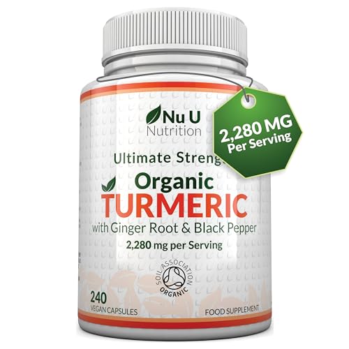 Organic Turmeric Ginger & Black Pepper - 2280mg per Serving 240 Capsules - High Strength Tumeric Curcumin - Soil Association Certified - 4 Months Supply - Nu u Nutrition