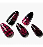GLAMERMAID Press on Nails Almond,Gothic Black Gel False Nails with Design,24 PCS Glue on Nails,Re...