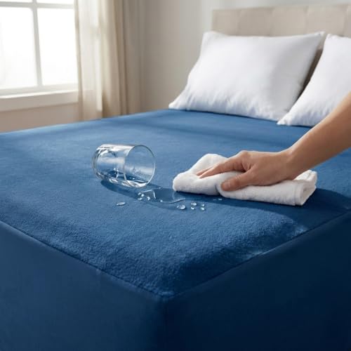 Image of Naksh Mattress Protector King Size Cotton (72x78x10 Inch Drop), Navy Blue | Fitted Elastic Waterproof Bed Protector | Soft Absorbent Terry Fabric | Heavy Quality | Leak & Spill Protection