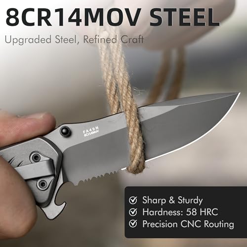 Image of NedFoss FA49 Tactical Pocket Knife, 3.4 inch 8Cr14Mov Serrated Blade G10 Handle | Upgraded, Preciser, Lightweight Aluminum Bolster, Glass Breaker Seatbelt Cutter, Bottle Opener, for Camping Survival Hunting