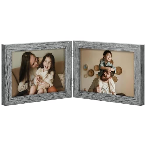 decorUhome Double 6x4 Picture Frame Horizontal, Engineered Wood Bifold Photo Frame with Plexiglass for Tabletop Display, 6x4, Grey