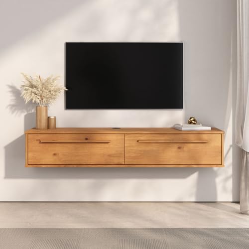 IDIMEX Meuble TV Suspendu TECCA L 145 cm en Bois Massif Coloris Chêne avec 2 Portes, Meuble Télé Mural Design Moderne à Accrocher au Mur