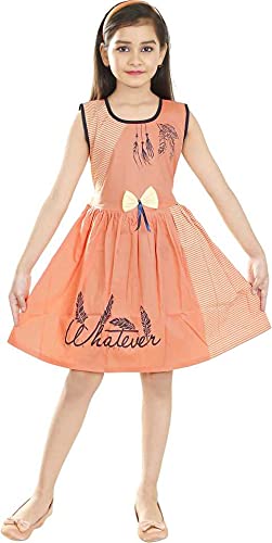 Girls Knee Length Cotton Orange Frock, Sleeveless A-line Casual Midi?