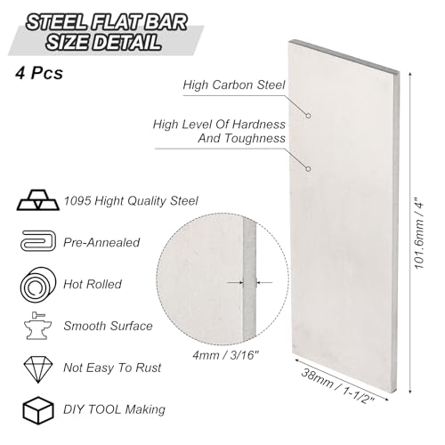 PATIKIL 4er-Pack Federstahl 1095 für Messerherstellung, 4 x 1 1/2 x 3/16 Stahlblech für DIY-Blankblech, professionelle und Hobbynutzung