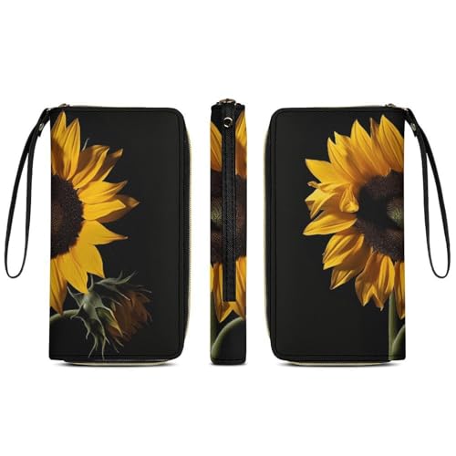 Sunflower Black Background Leather Wallet Smooth Zip Around Clutch Wristlet Travel Long Soft Purse for Women3
