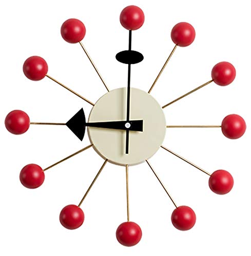SHISEDECO Mid Century Painted Solid Wood Non Ticking Decorative Modern Silent Wall Clocks Retro Design for Home, Kitchen, Living Room, Office etc.,(Ball Clock in Red)