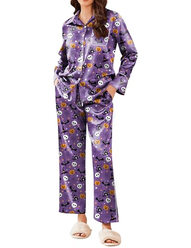 Ekouaer Silk Pajamas for Women Button Down Lounge Sets 2 Piece Sets Silky Pajama Long Pants Sleepwear with Pockets