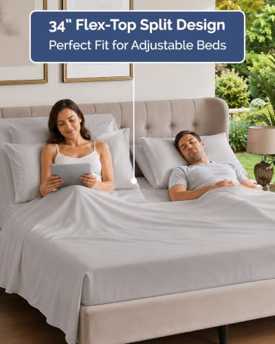 Image of Flex Top Split Head King 6 Piece Piece Sheet Set - Comfy Breathable & Cooling - Soft Hotel Luxury Bedding Set with 8-16 Inch Deep Pockets - 1 Flat & 1 Fitted Sheet & Pillowcases - Light Grey