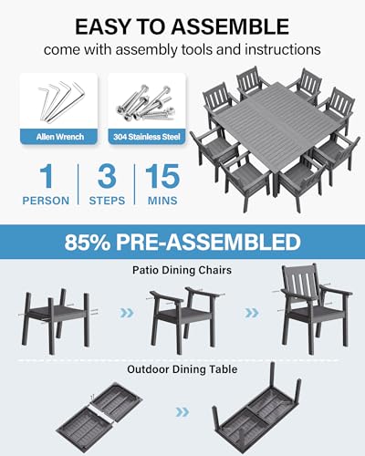 Image of YEFU HIPS Patio Table Set: 10 Piece Outdoor Table and Chairs Dining Furniture Set with Umbrella Hole - Gray Modern Plastic Dining Sets 8 Person for Outside Deck with Metal Aluminum Frame