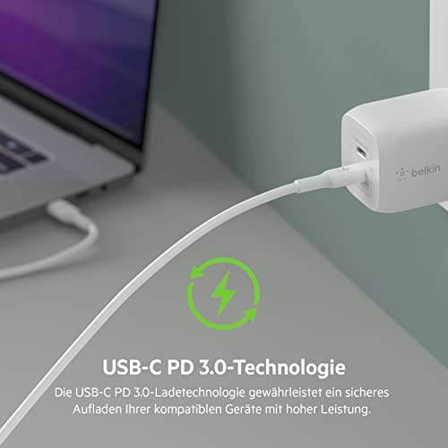 Belkin 65-W-USB-C-Ladegerät mit 2 Ports und USB-C/C-Kabel, Schnellladen mit Power Delivery 3.0 und GaN-Technologie für MacBook Pro… – Ansicht 7