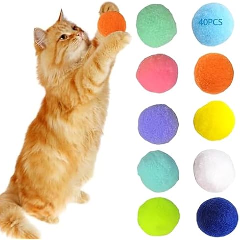 VIRHWOEA 40Pcs Plush Cat Pom Pom Ball Toy Indoor, 10 Colors Cat Training Play Balls [1.2 in] Colored Appeal to Kitten Interactive - No Harm Fuzzy & Soft Lightweight Pet Cat Toy Balls Bulk Cover