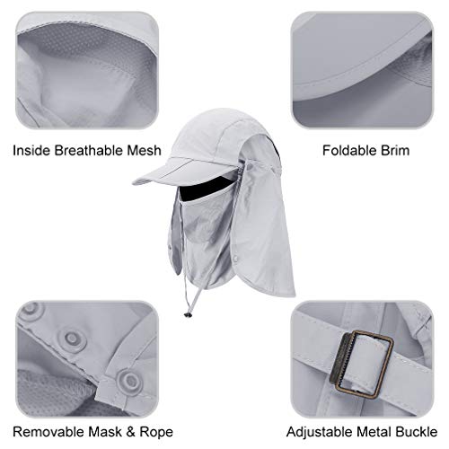 Foldable Sun Cap, Fishing Hats, Upf 50+ Protection Caps With Face Mask Neck Flap Light Gray #TOP1