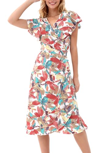 Image of Women's Summer Wrap Maxi Dress Casual Boho Floral V Neck Short Sleeve Ruffle Hem Split Beach Long Dresses