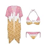DISNIMO Traje de baño tropical para mujer, conjunto de bikini de 3 piezas con kimono para cubrir el traje de baño de verano para la playa, Helado rosa, XL