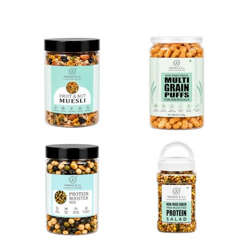 Image of WellNuts & Co. Healthy Snack Combo Pack of 4 |Fruit Nut Meusli - 200g, Multigrain Puffs Punjabi Masala - 200g, Protein Booster - 200g, Protein Salad - 425g| Roasted & Ready to Eat Snacks | High Protein & High Fiber Combo | Snacks for Healthy Everyday