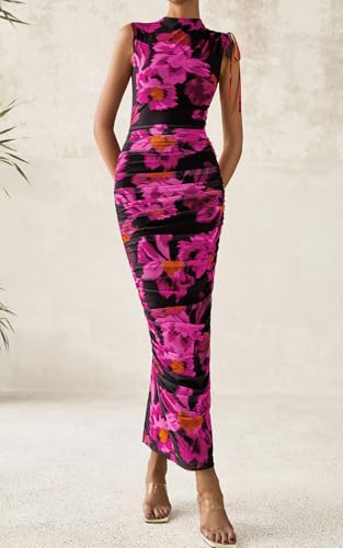 PRETTYGARDEN Women's Summer Maxi Floral Dresses Ruched Bodycon Sleeveless Mesh Formal Wedding Guest Cocktail Split Long Dress